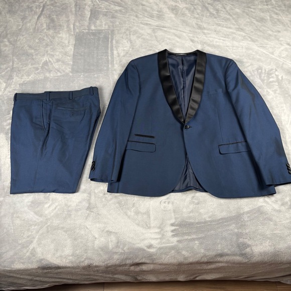 West End Meen's Blue Sharkskin Tuxedo Suit Shawl Lapel 46R Pants 36x30